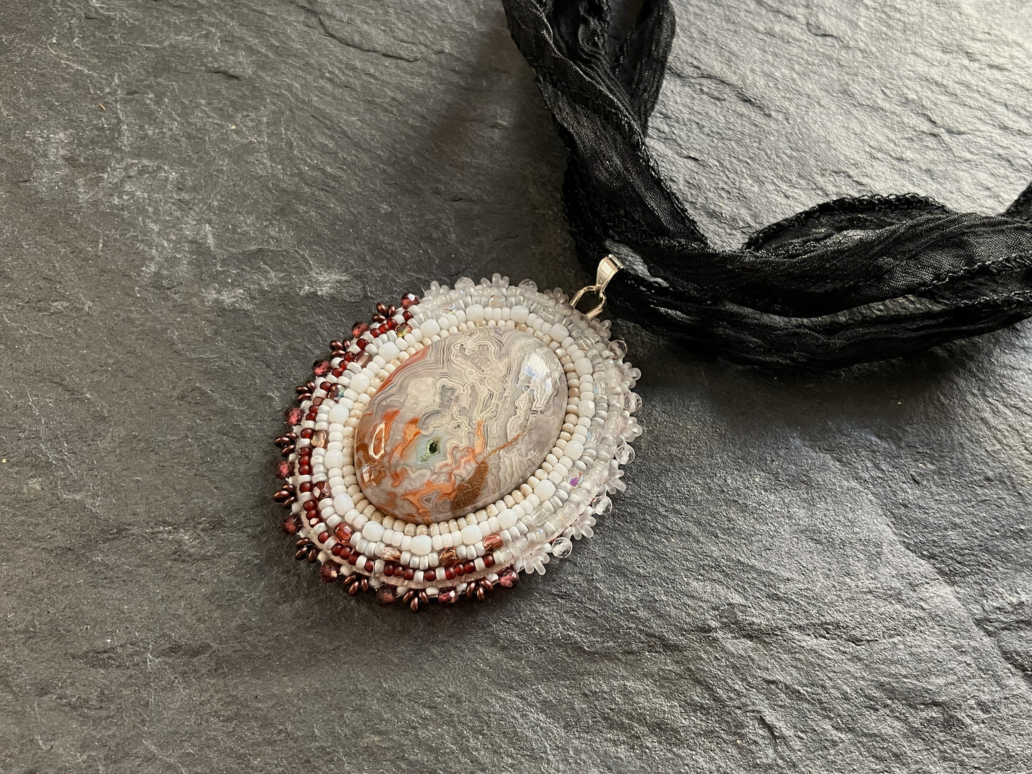 Agate necklace pendant with sparkly quartz and garnet