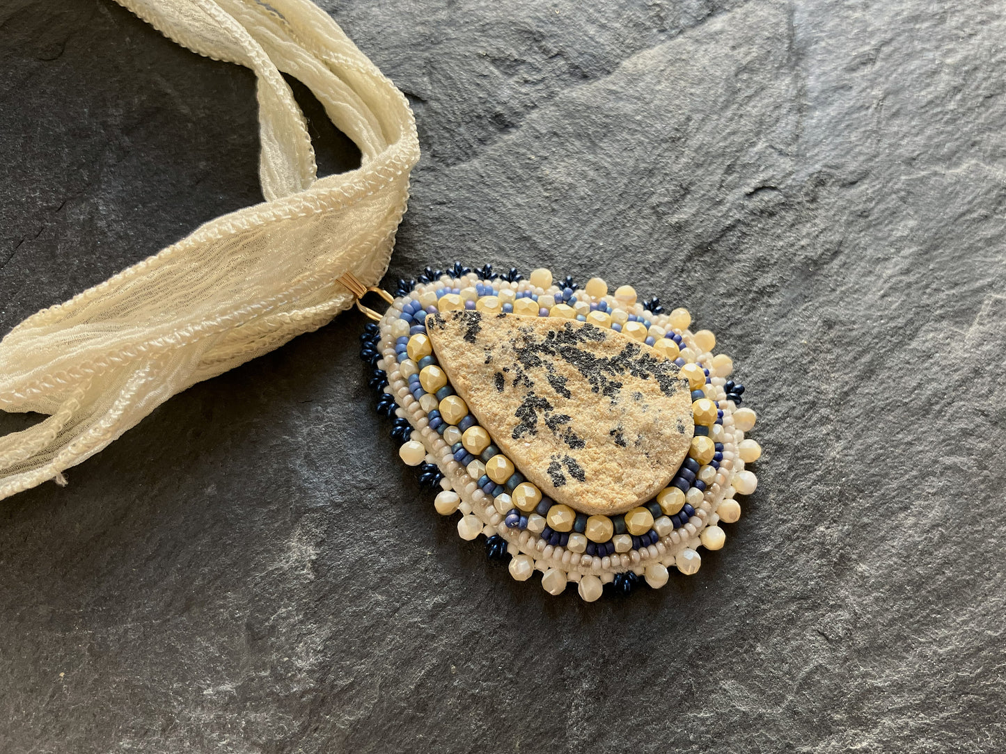 Large dendritic psilomelane necklace pendant with mother-of-pearl beads