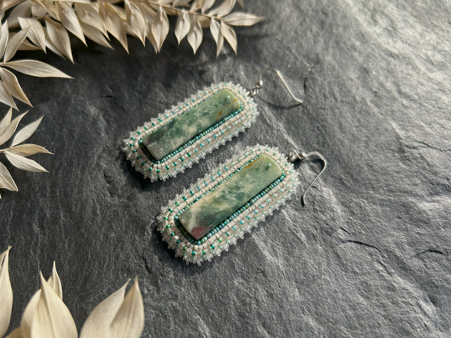 Dangle earrings "Raquel" with green jade - green & white