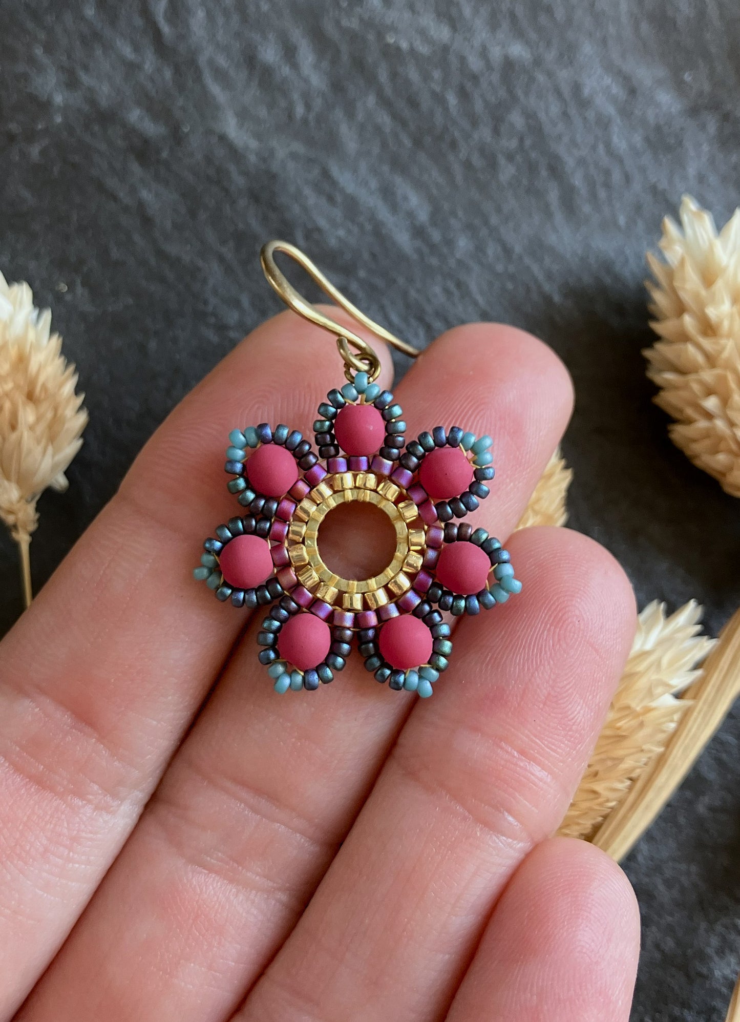 Woven earrings "Girasol" - pink & turquoise
