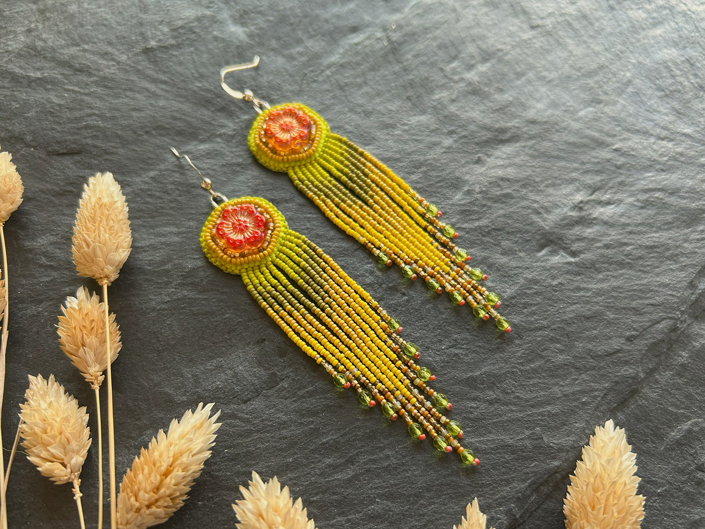 Flower earrings "Radka" with a fine fringe - red, green & yellow
