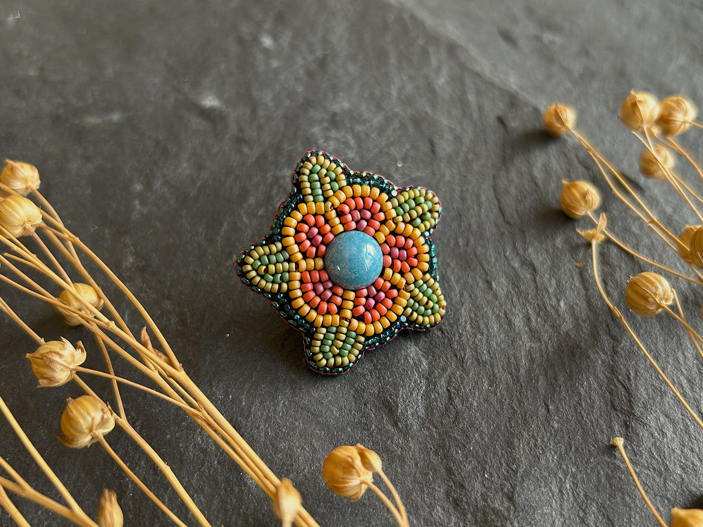 Bead embroidered flower earrings "Amalthea" - turquoise & red