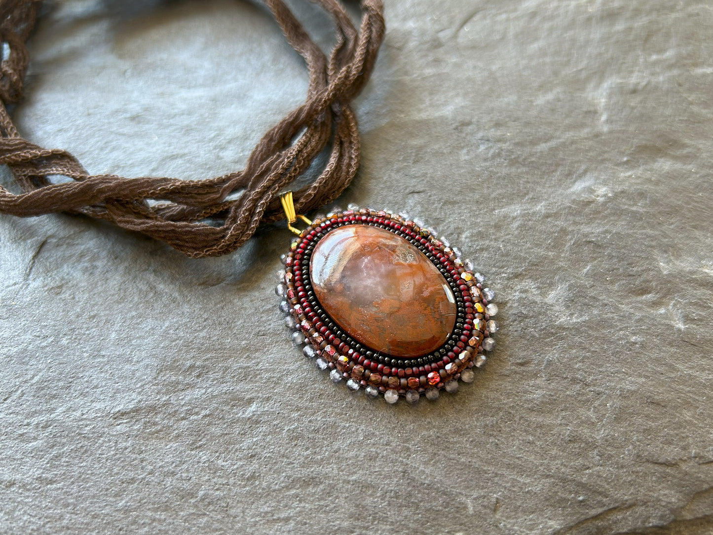 Brecciated jasper necklace pendant with iolite beads