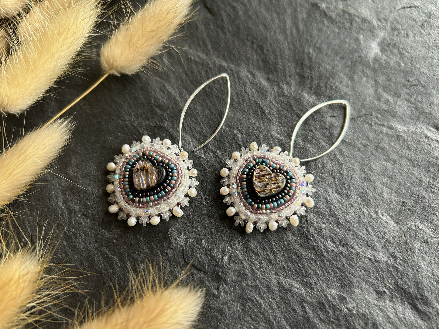 Dangle earrings "Melody" with abalone shell - lilac & love heart