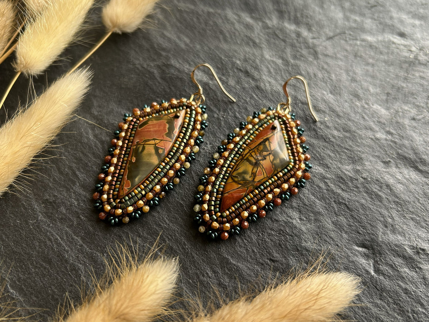 Dangle earrings "Raquel" with jasper - gold & auburn