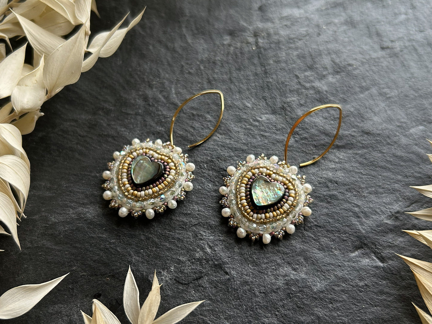 Dangle earrings "Melody" with abalone shell - pastel gold & love heart