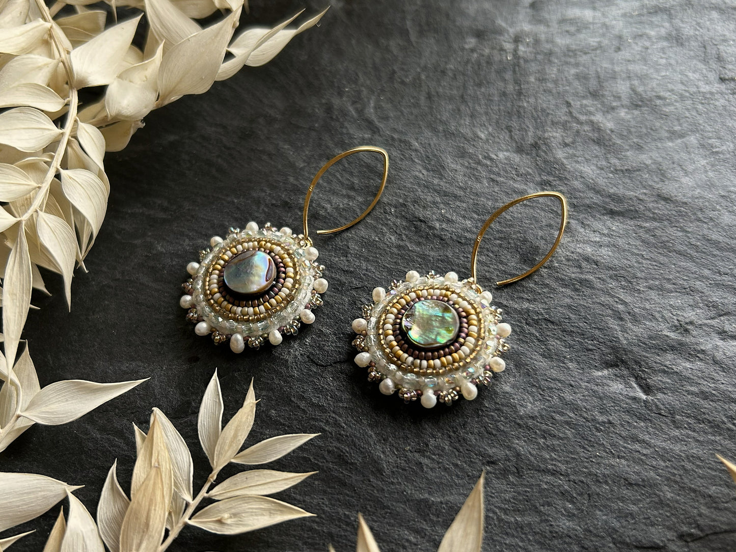 Dangle earrings "Melody" with abalone shell - pastel gold