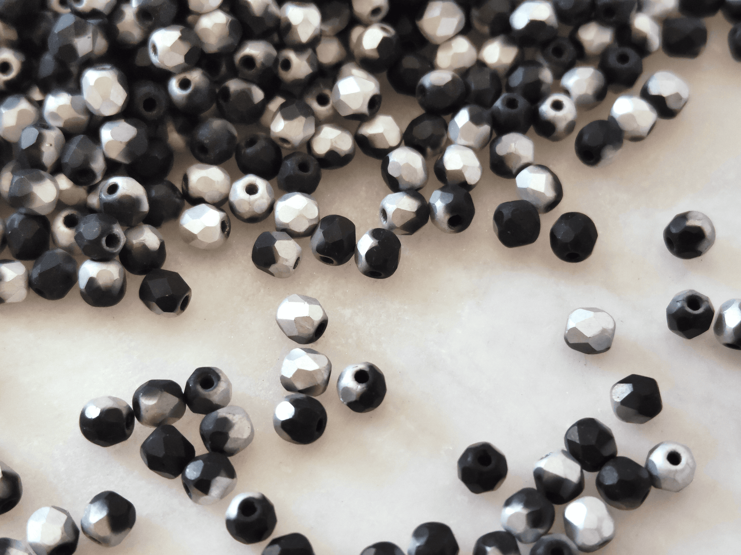 3mm fire-polished beads - matt black & light silver