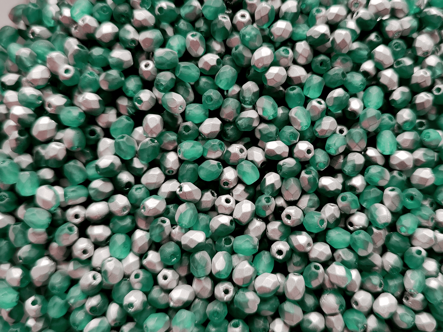 4mm fire-polished beads - matt petrol green & silver