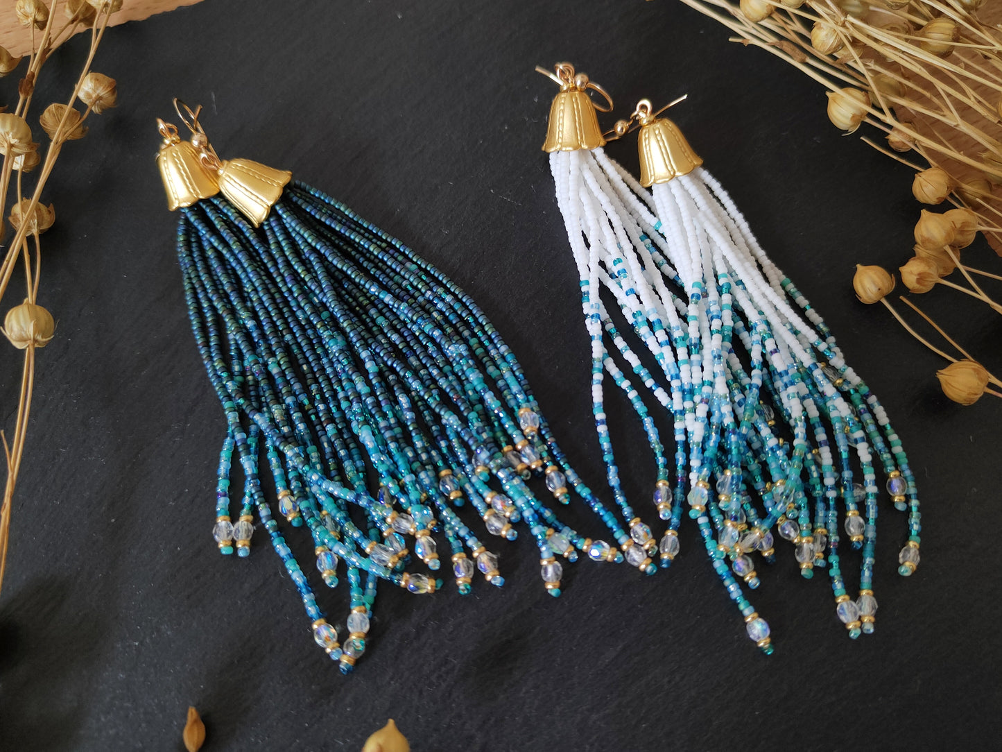 Tassel earrings "Nirvelli" - white & turquoise