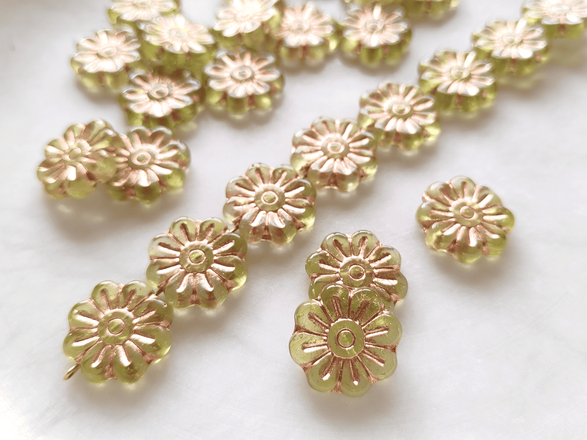 Daisy flower beads 18mm - light green & copper