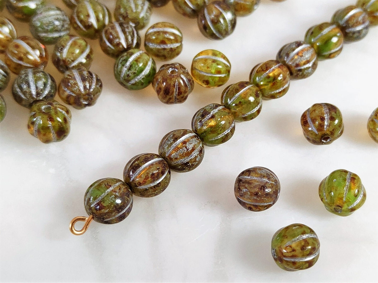 Melonen 8mm - Grün, brauner Picasso & Silber