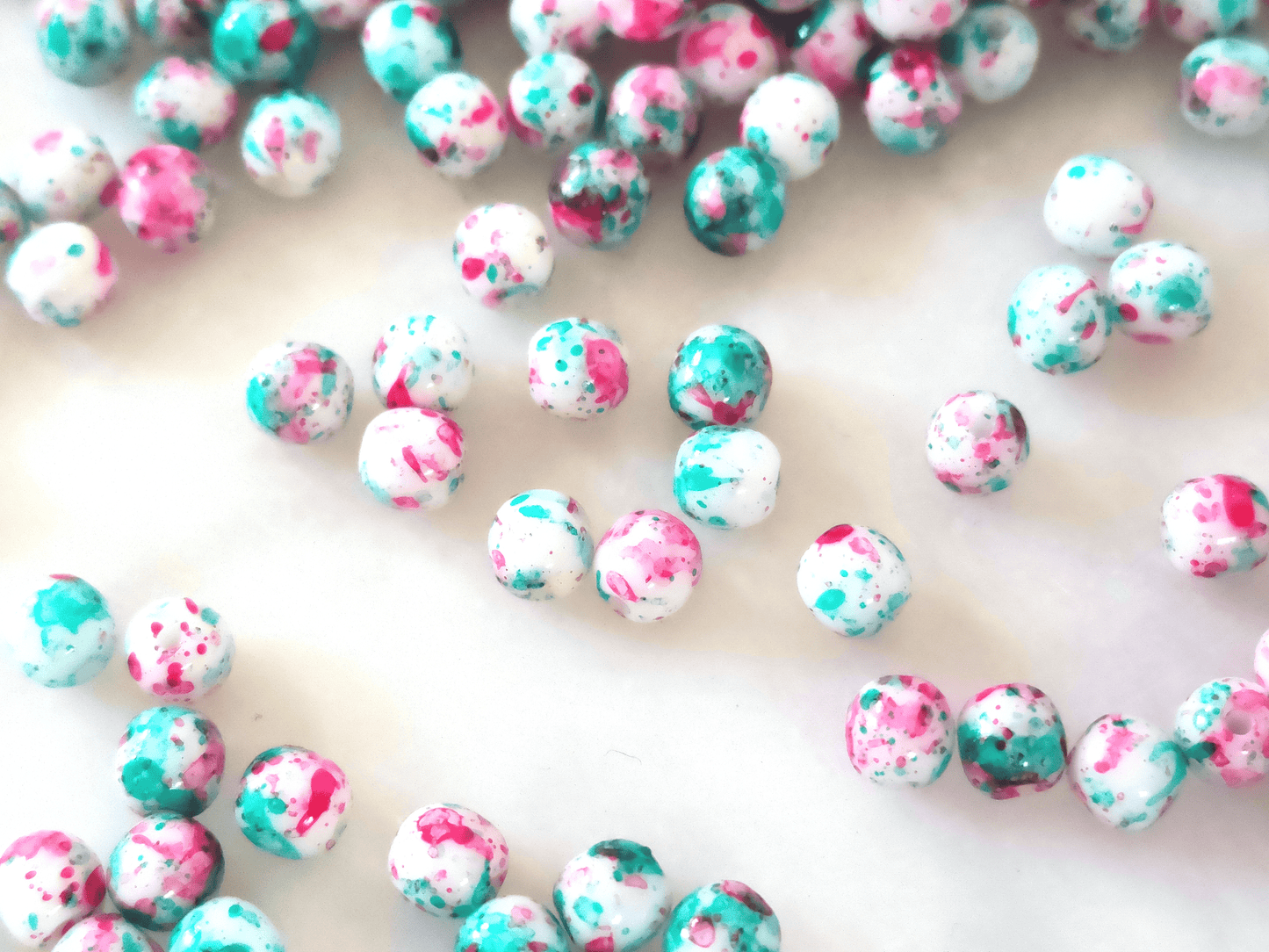 4mm round beads - white & pink and green speckles