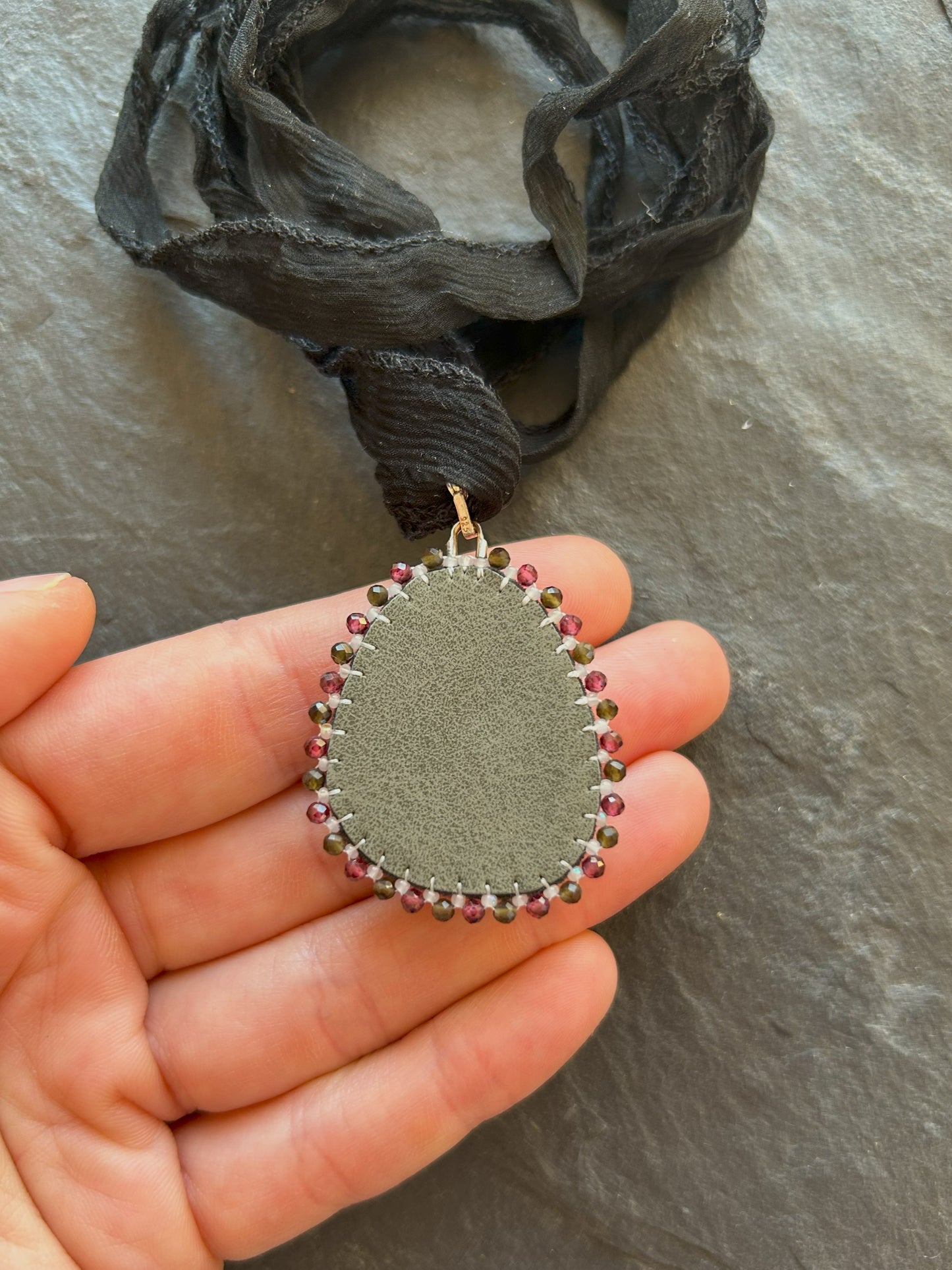 Eudialyte necklace pendant with garnet and obsidian beads