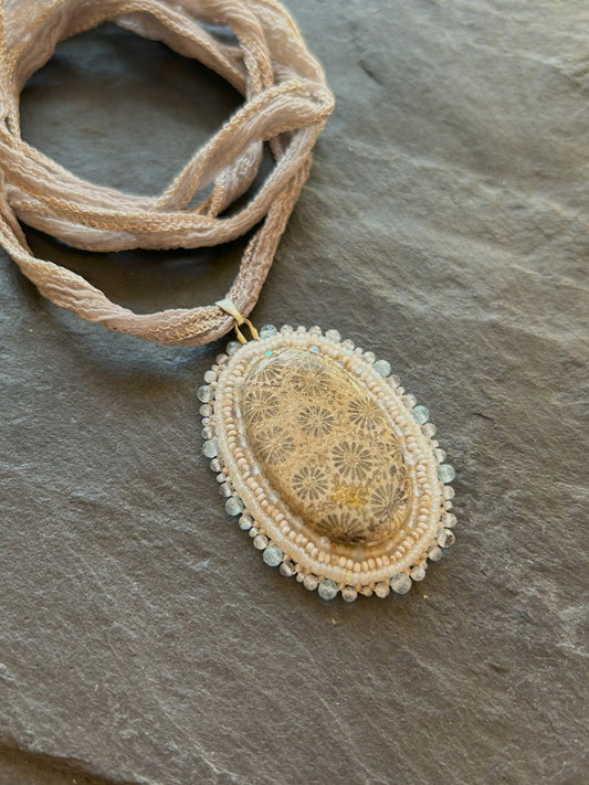 Fossil coral necklace pendant with aquamarine and labradorite beads