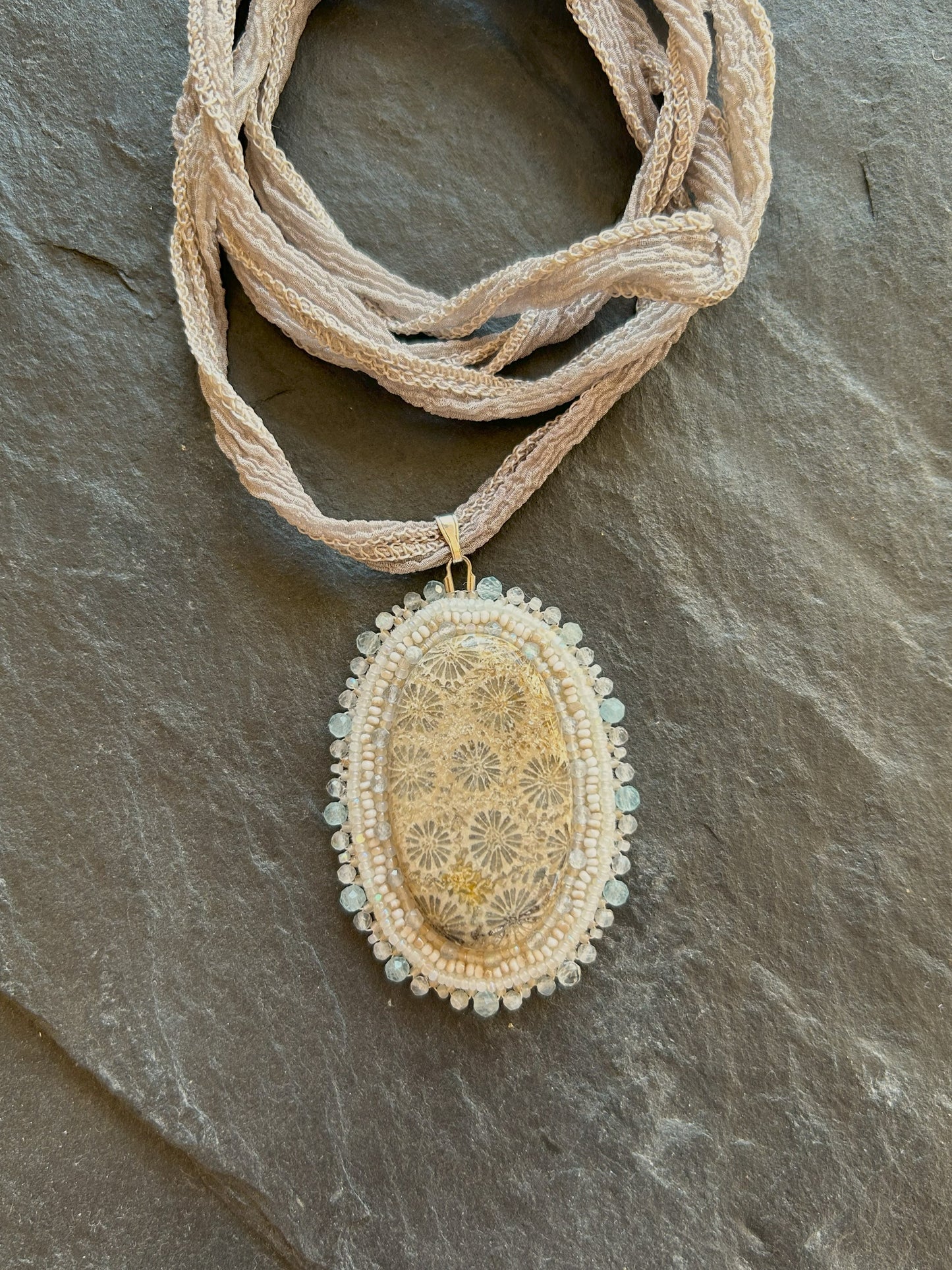 Fossil coral necklace pendant with aquamarine and labradorite beads