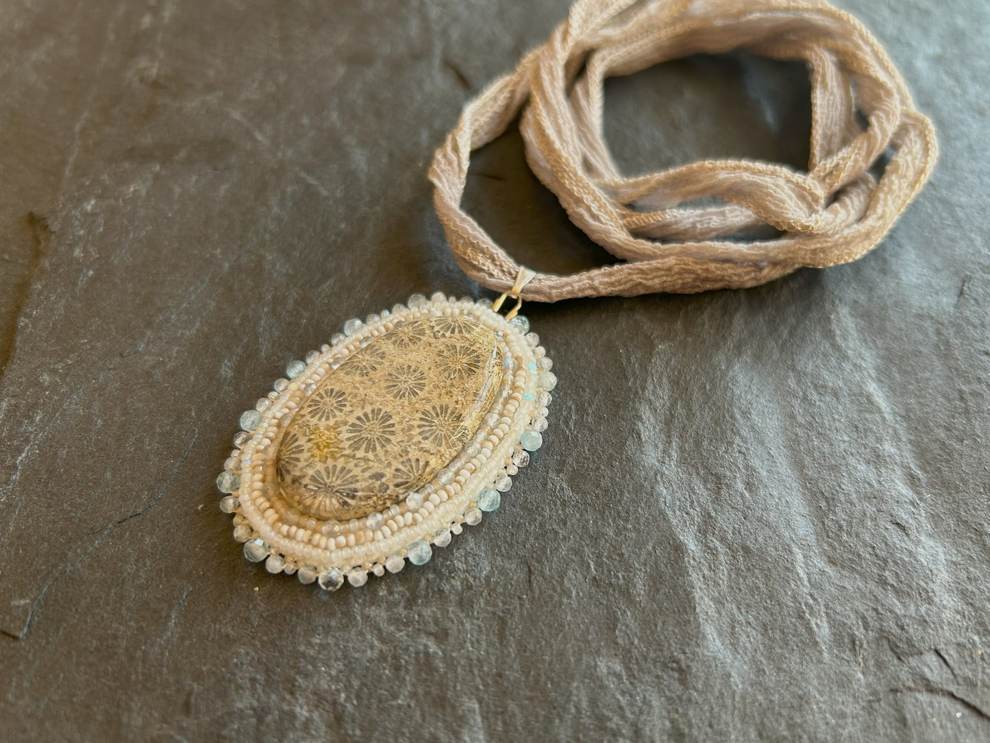 Fossil coral necklace pendant with aquamarine and labradorite beads