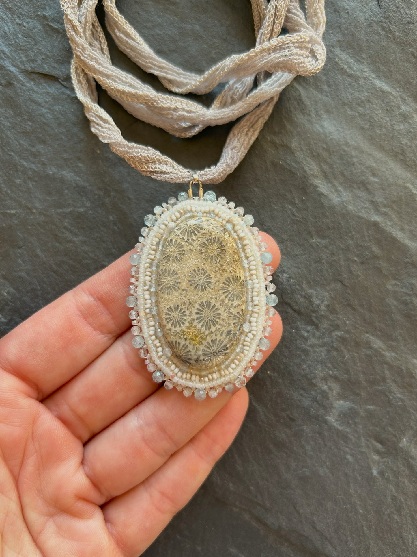 Fossil coral necklace pendant with aquamarine and labradorite beads