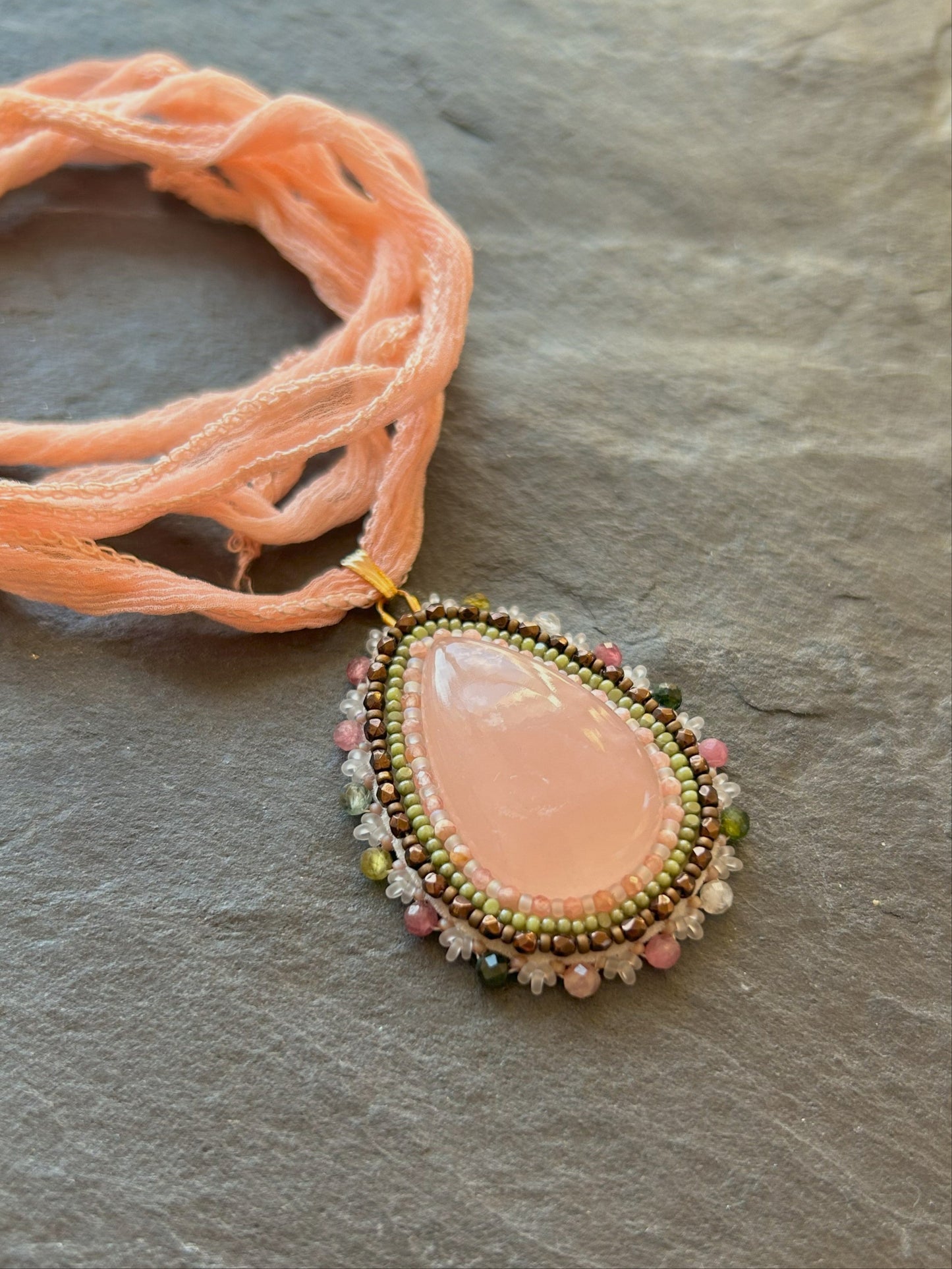 Rose quartz necklace pendant with tourmaline beads