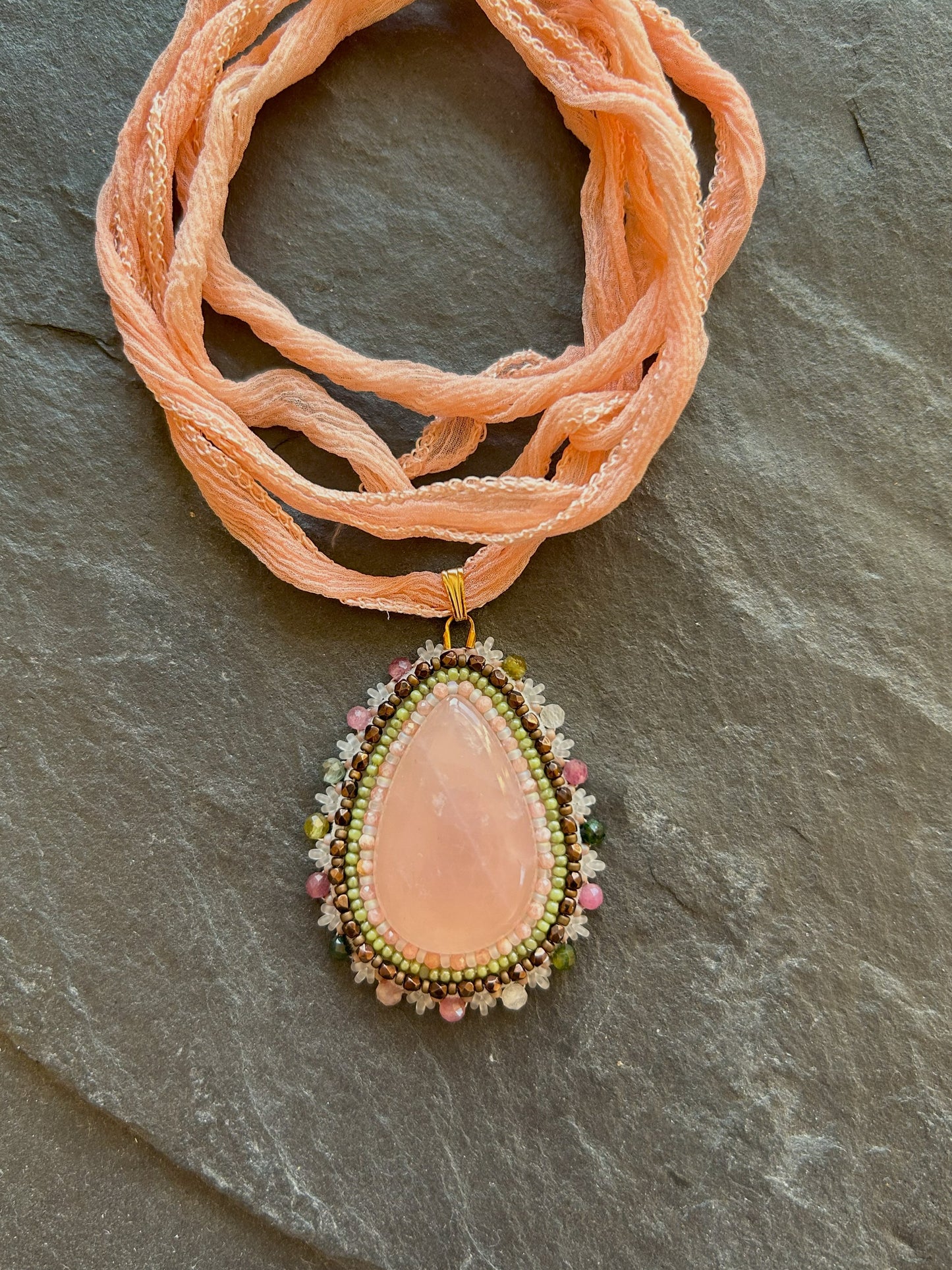 Rose quartz necklace pendant with tourmaline beads
