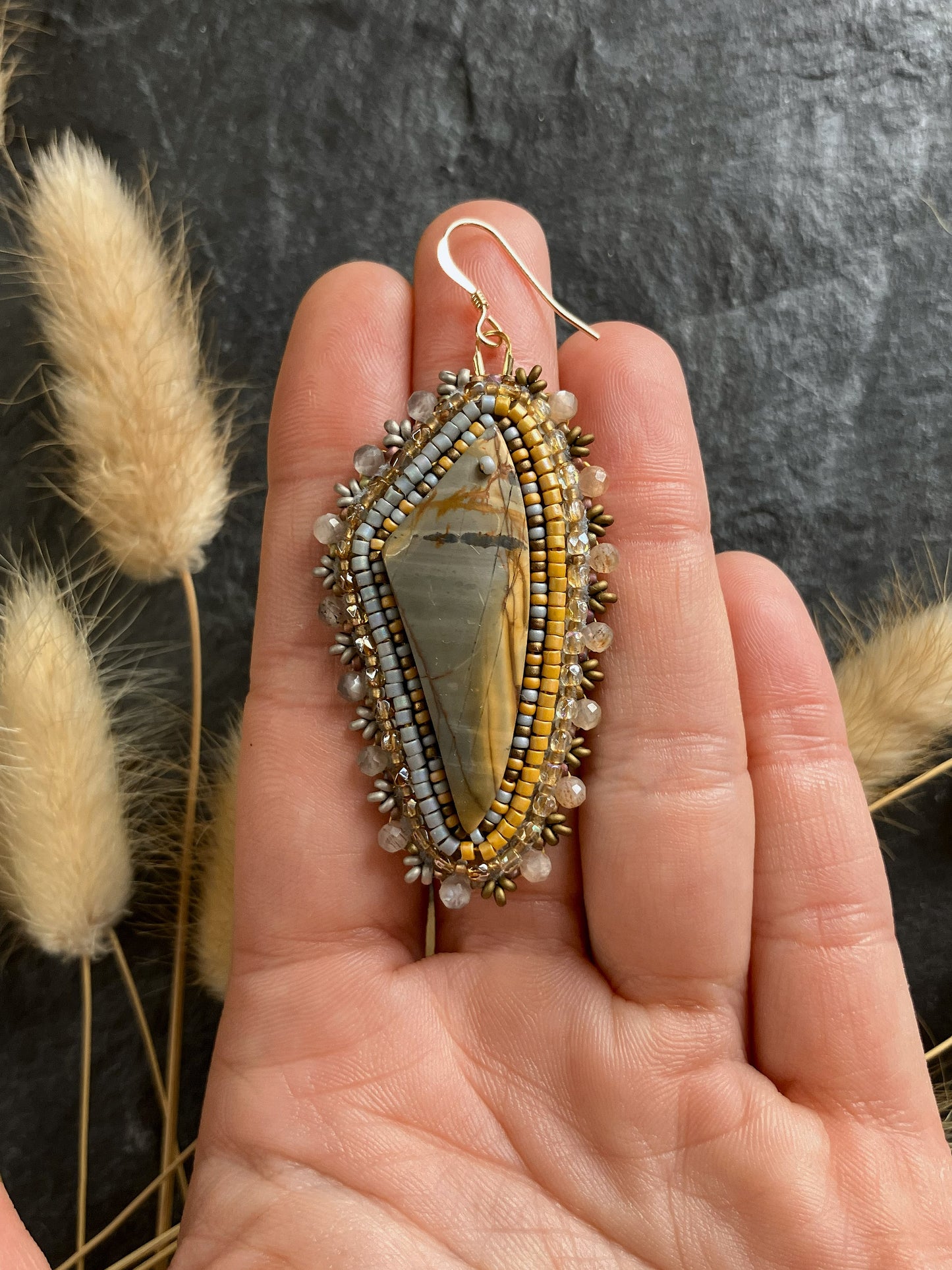 Dangle earrings "Raquel" with jasper - mustard yellow & light grey