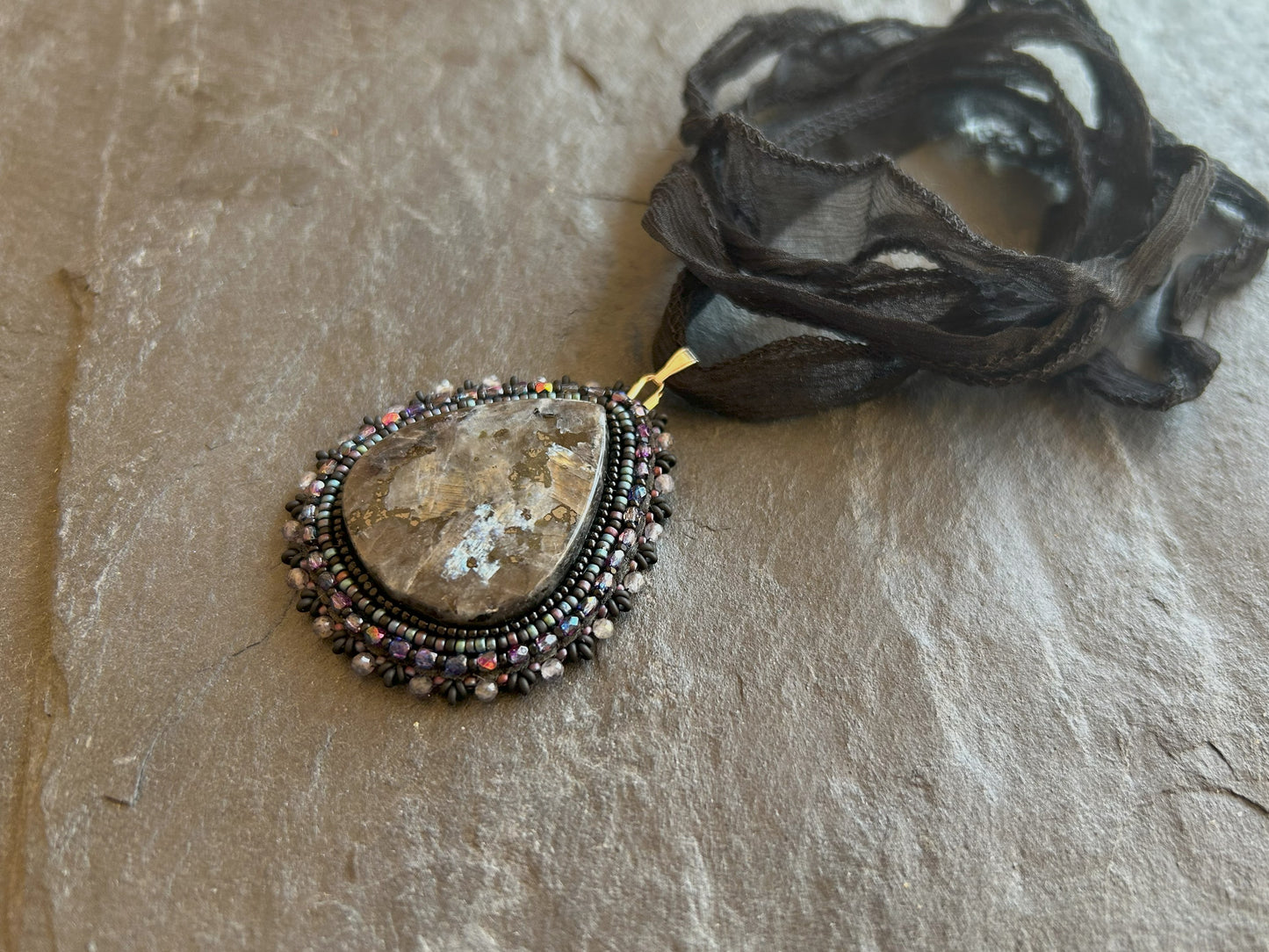 Larvikite necklace pendant with iolite beads