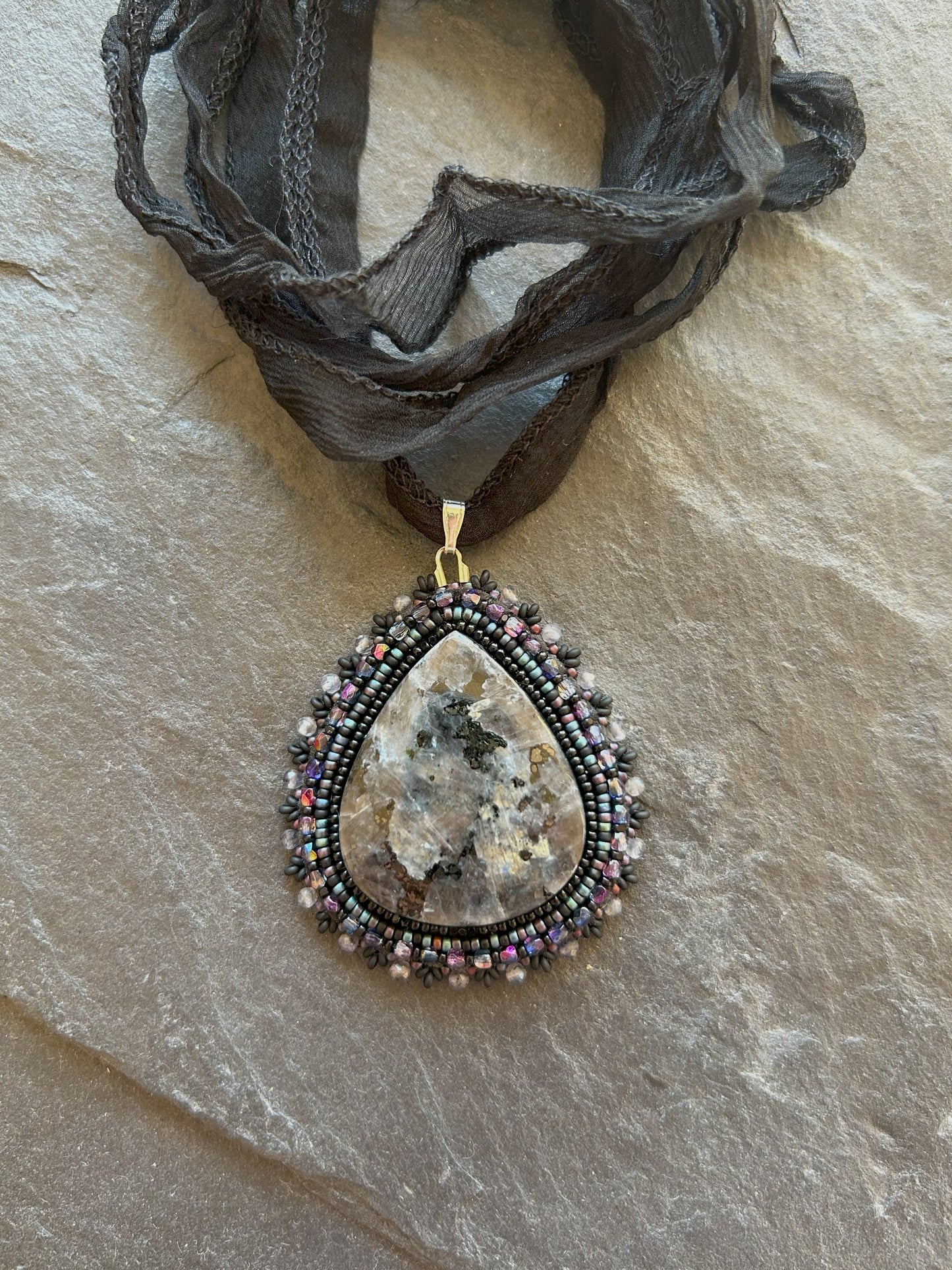 Larvikite necklace pendant with iolite beads