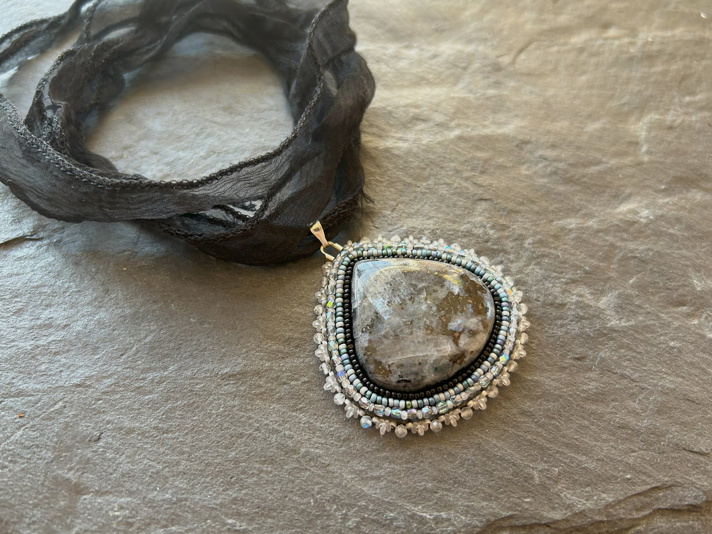 Larvikite necklace pendant with labradorite beads