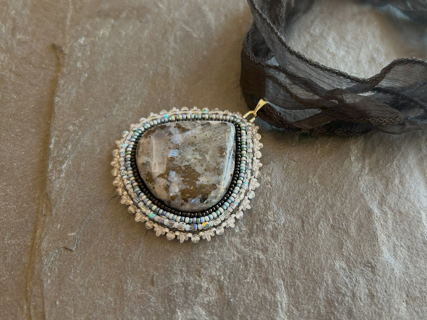 Larvikite necklace pendant with labradorite beads