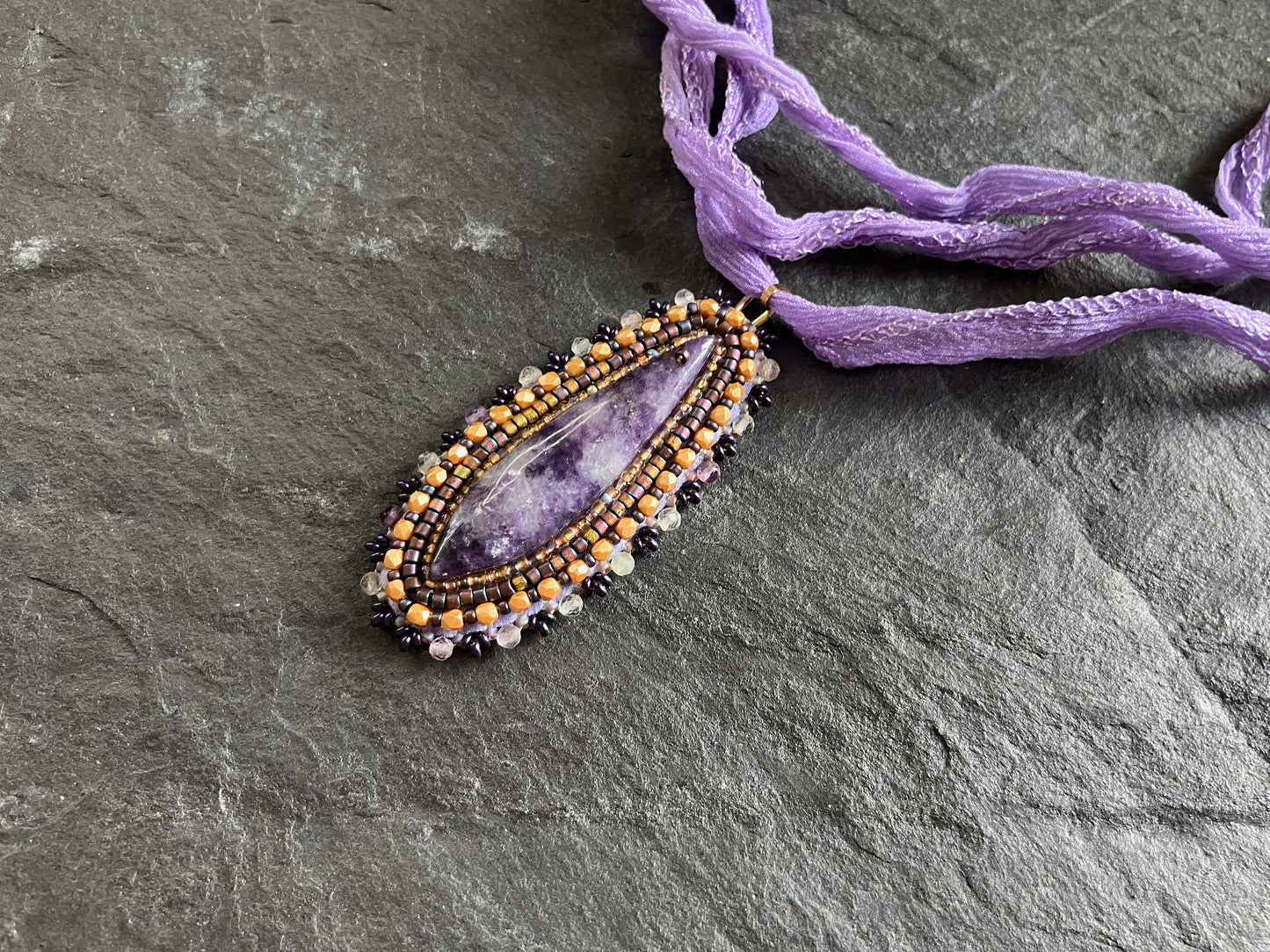 Lepidolite necklace pendant with fluorite beads