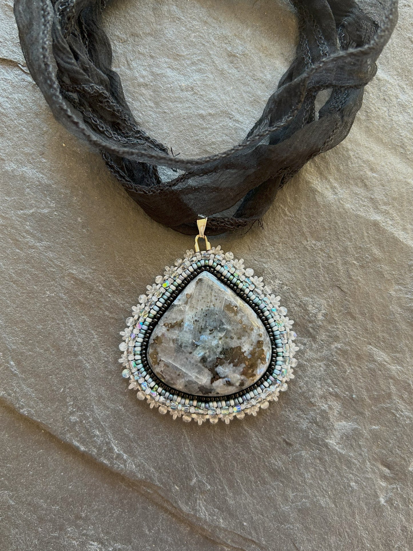 Larvikite necklace pendant with labradorite beads