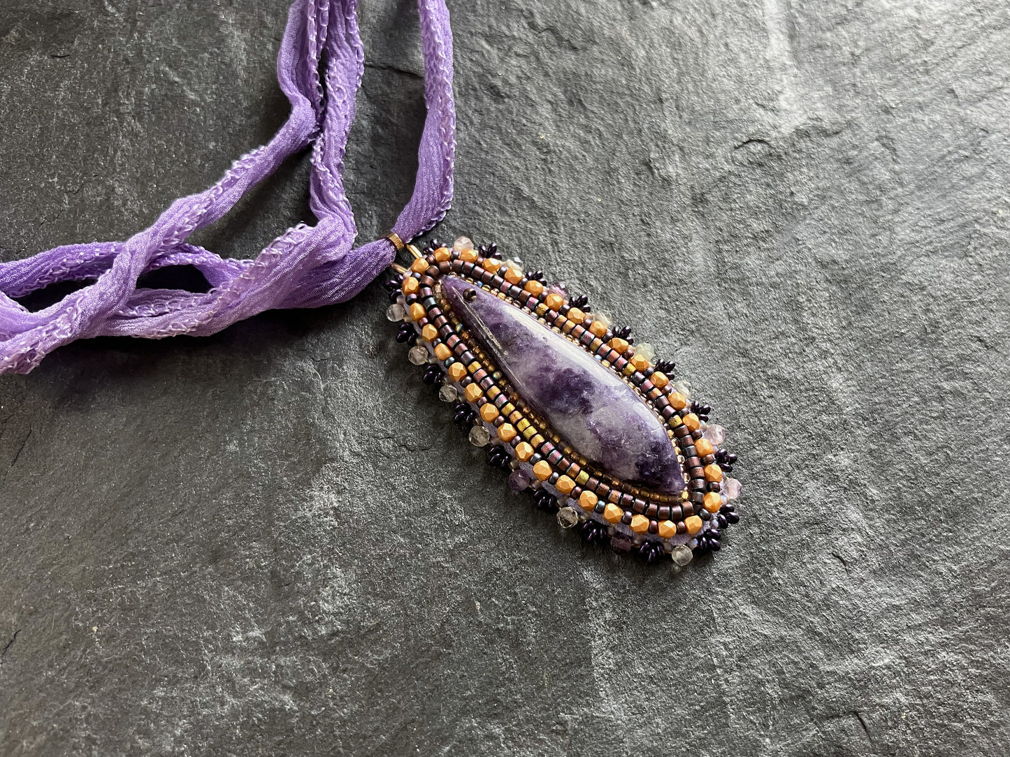 Lepidolite necklace pendant with fluorite beads