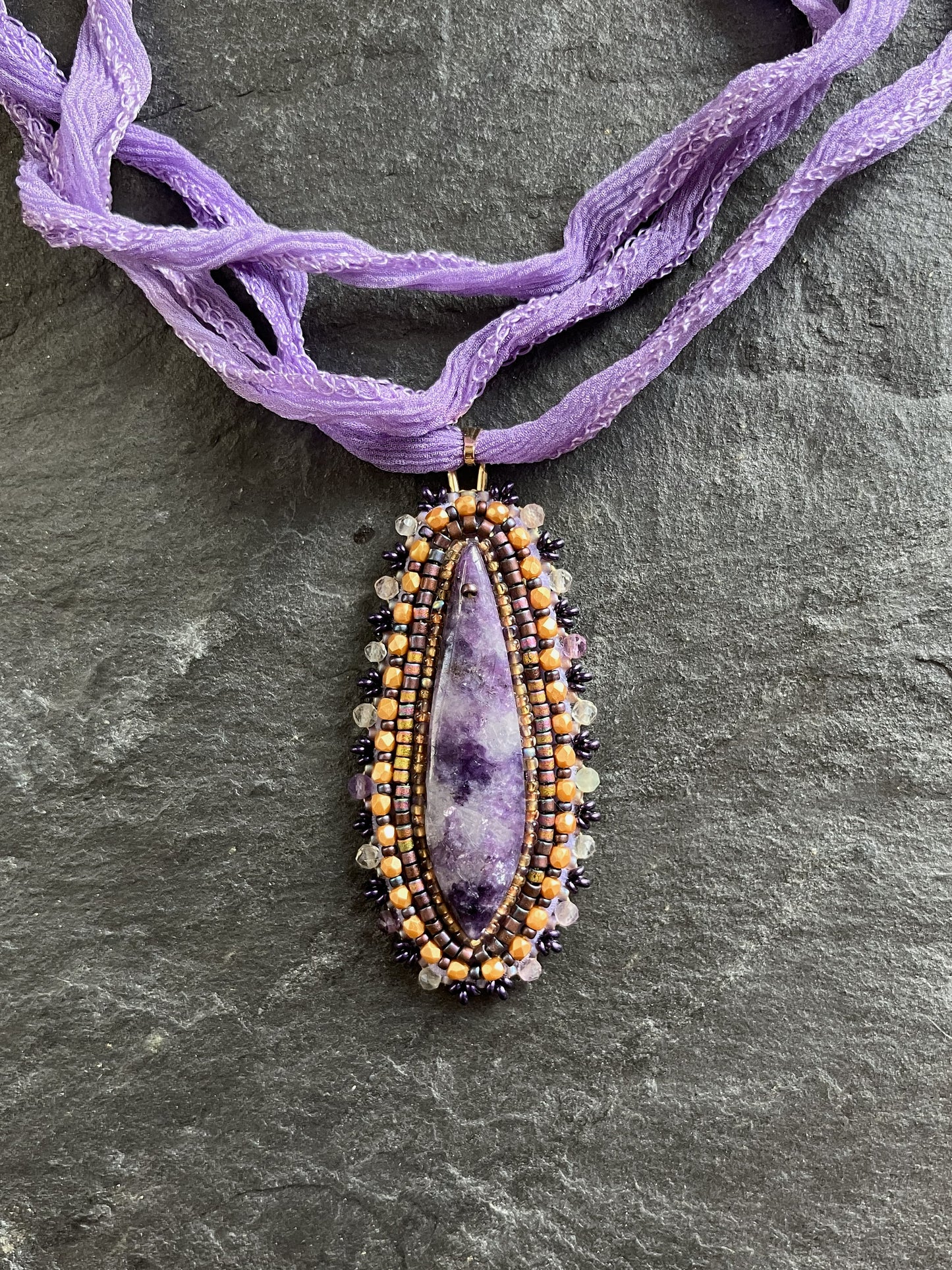 Lepidolite necklace pendant with fluorite beads