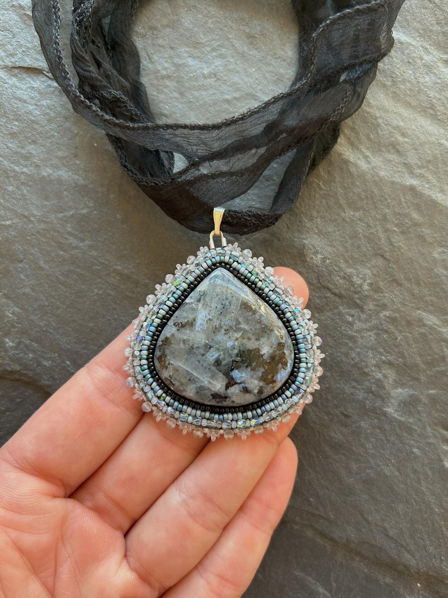 Larvikite necklace pendant with labradorite beads
