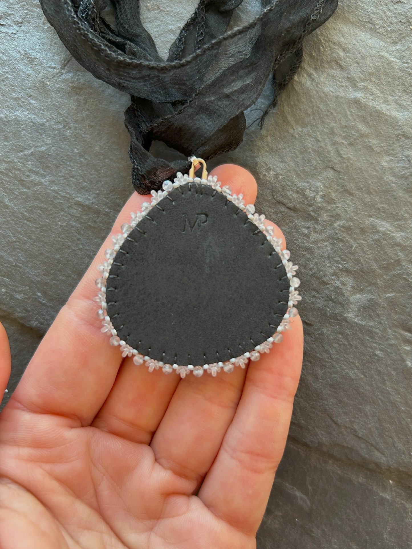 Larvikite necklace pendant with labradorite beads