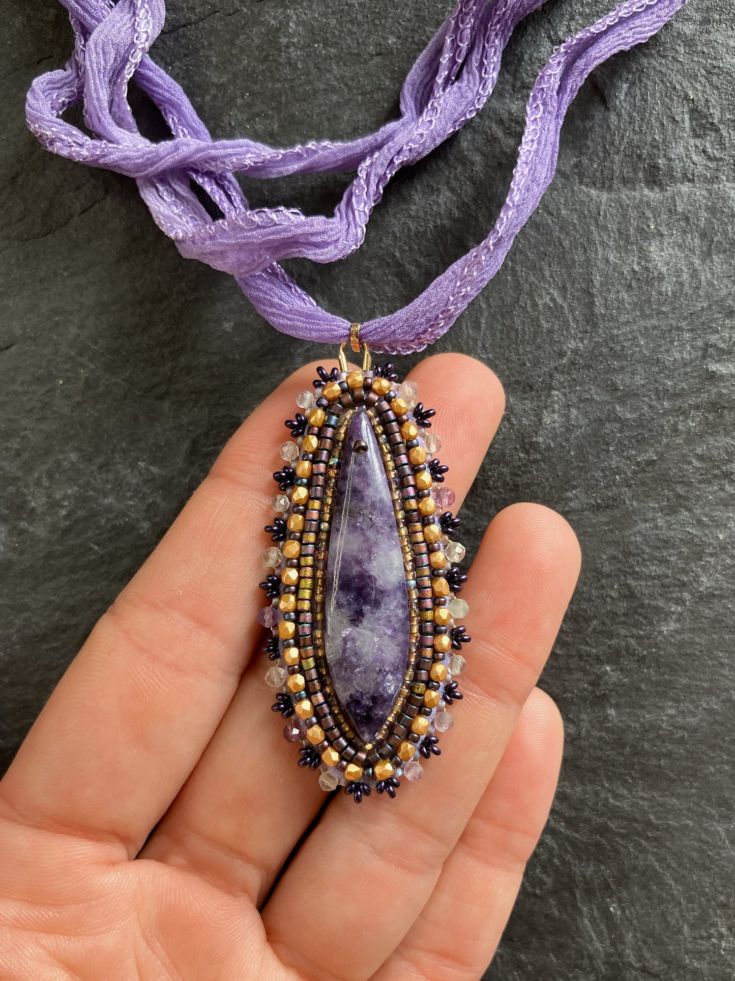 Lepidolite necklace pendant with fluorite beads