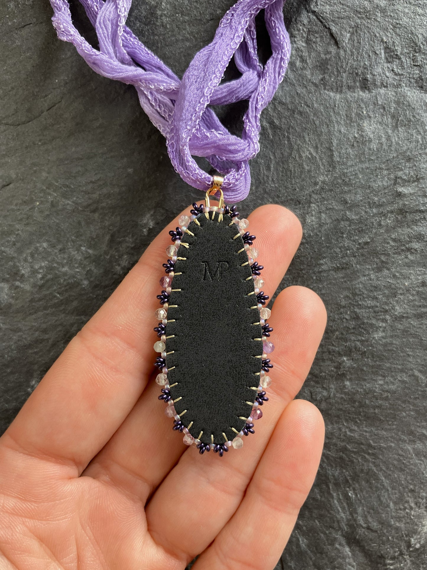 Lepidolite necklace pendant with fluorite beads