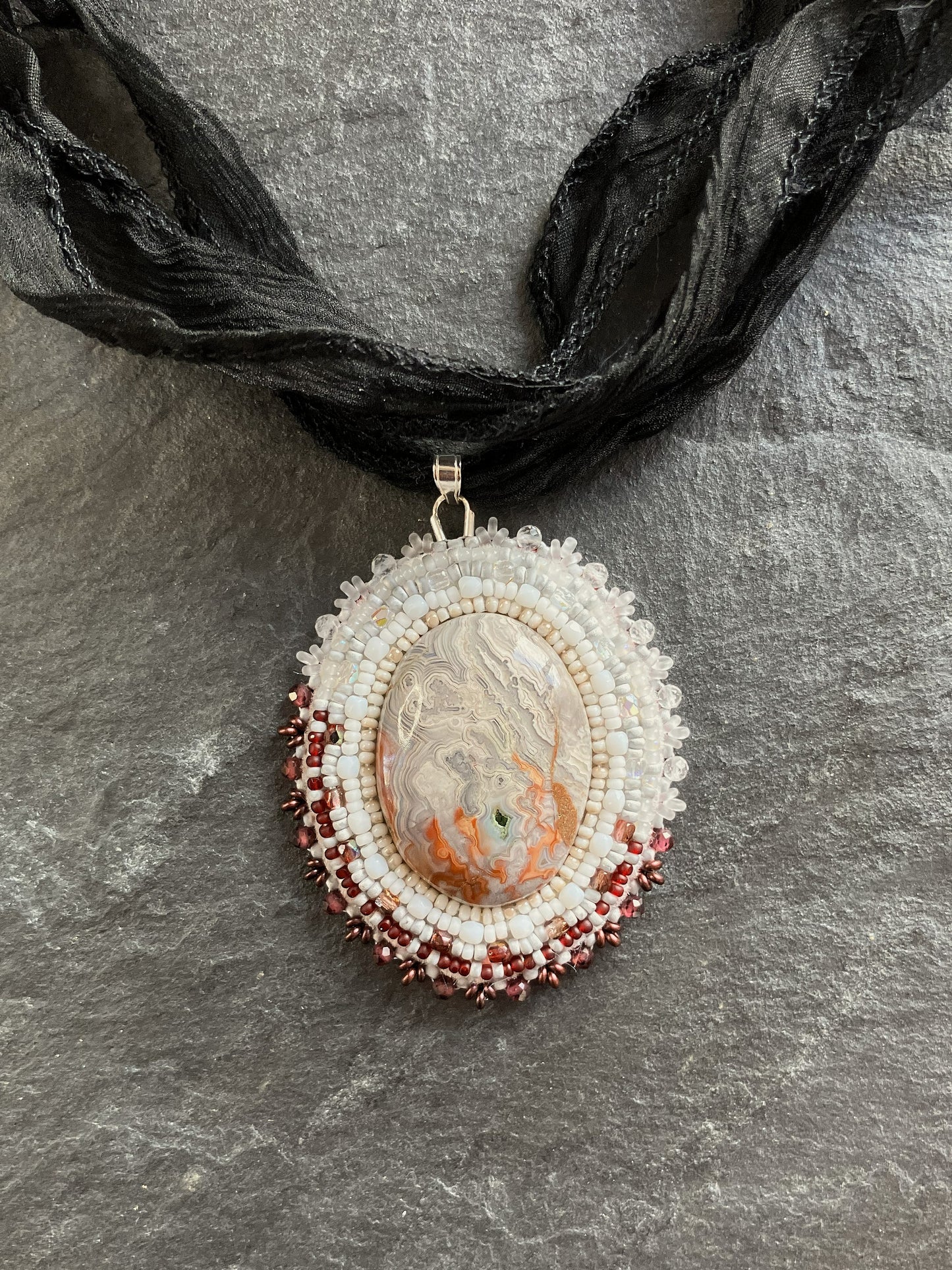 Agate necklace pendant with sparkly quartz and garnet