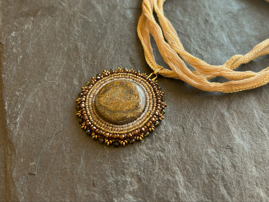 Bronzite necklace pendant with obsidian beads