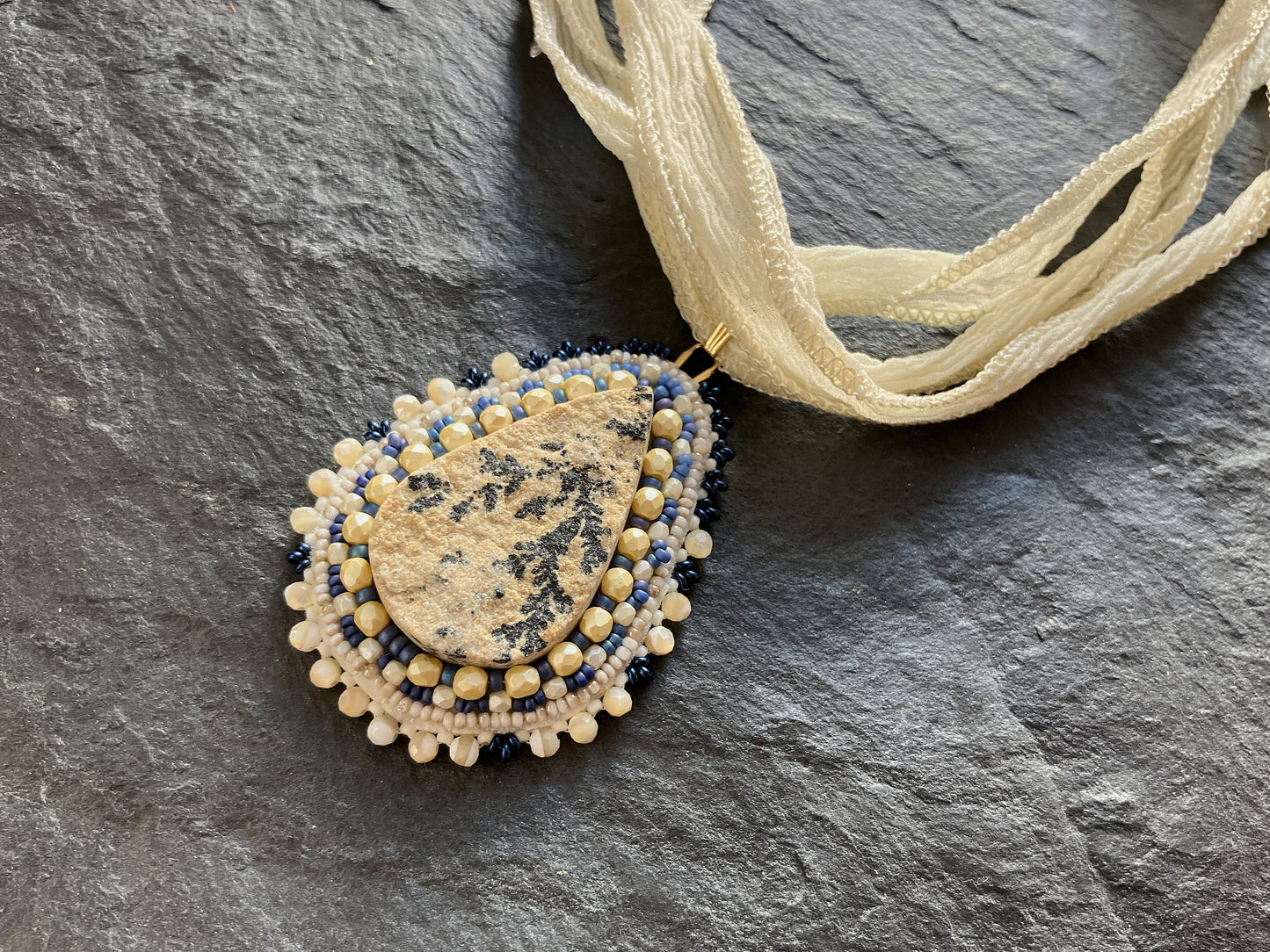 Large dendritic psilomelane necklace pendant with mother-of-pearl beads