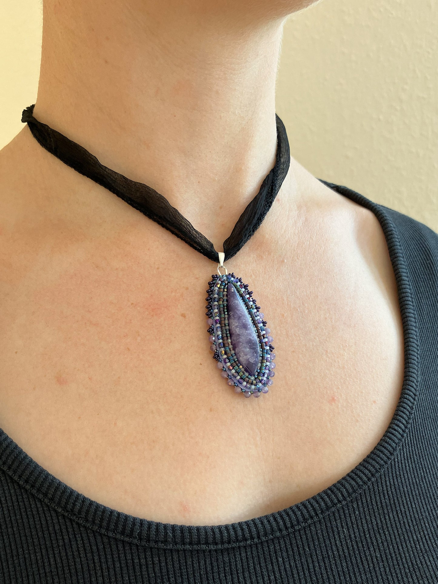 Lepidolite necklace pendant with faceted fire-polished glass beads