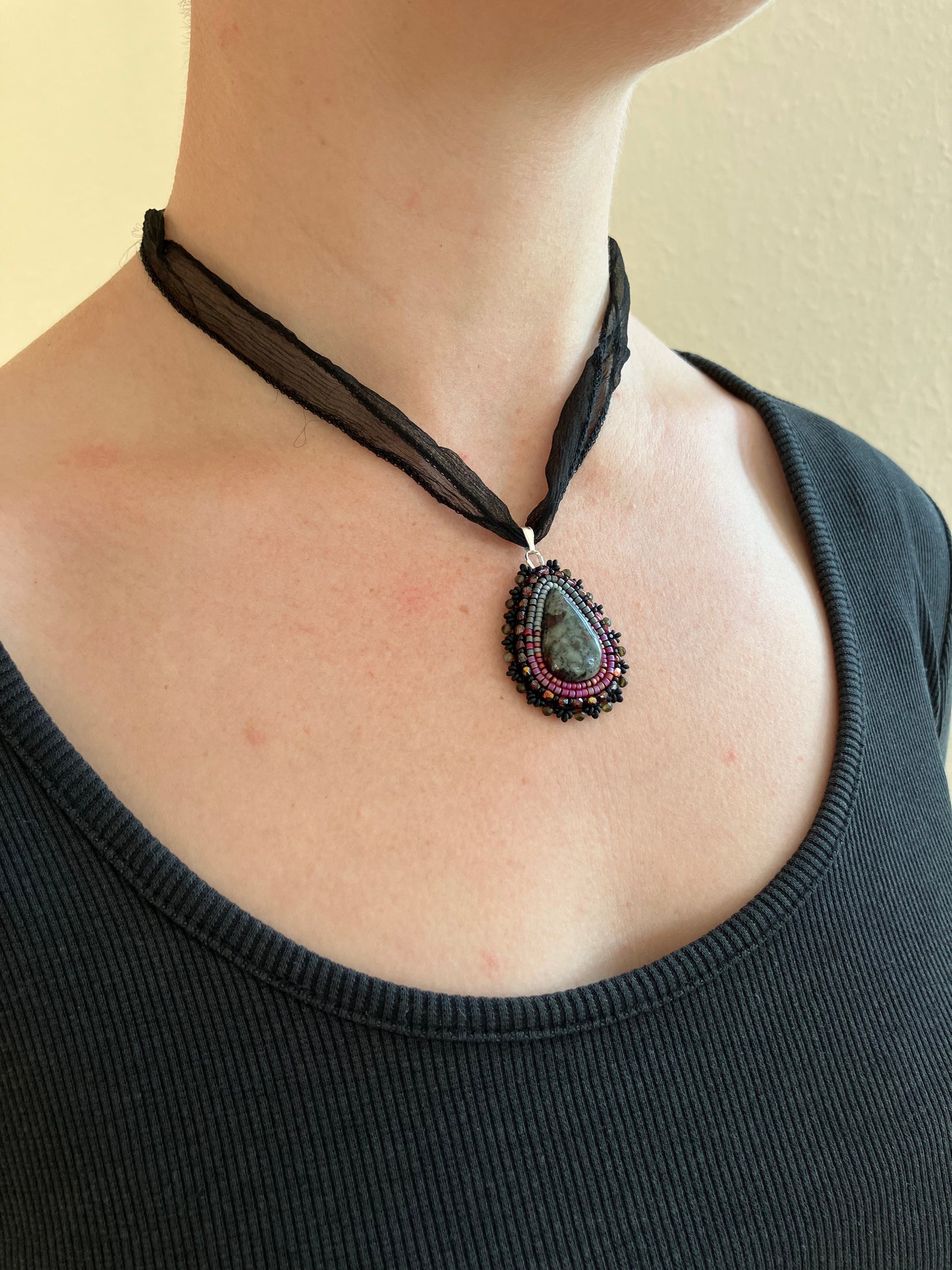 Eudialyte necklace pendant with obsidian beads