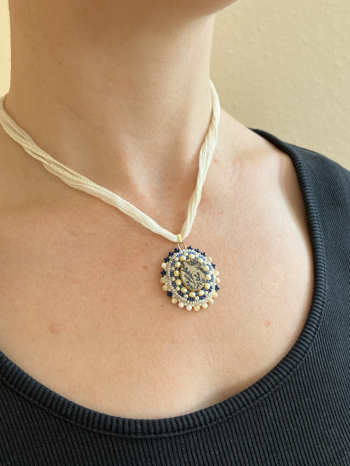 Small dendritic psilomelane necklace pendant with mother-of-pearl beads