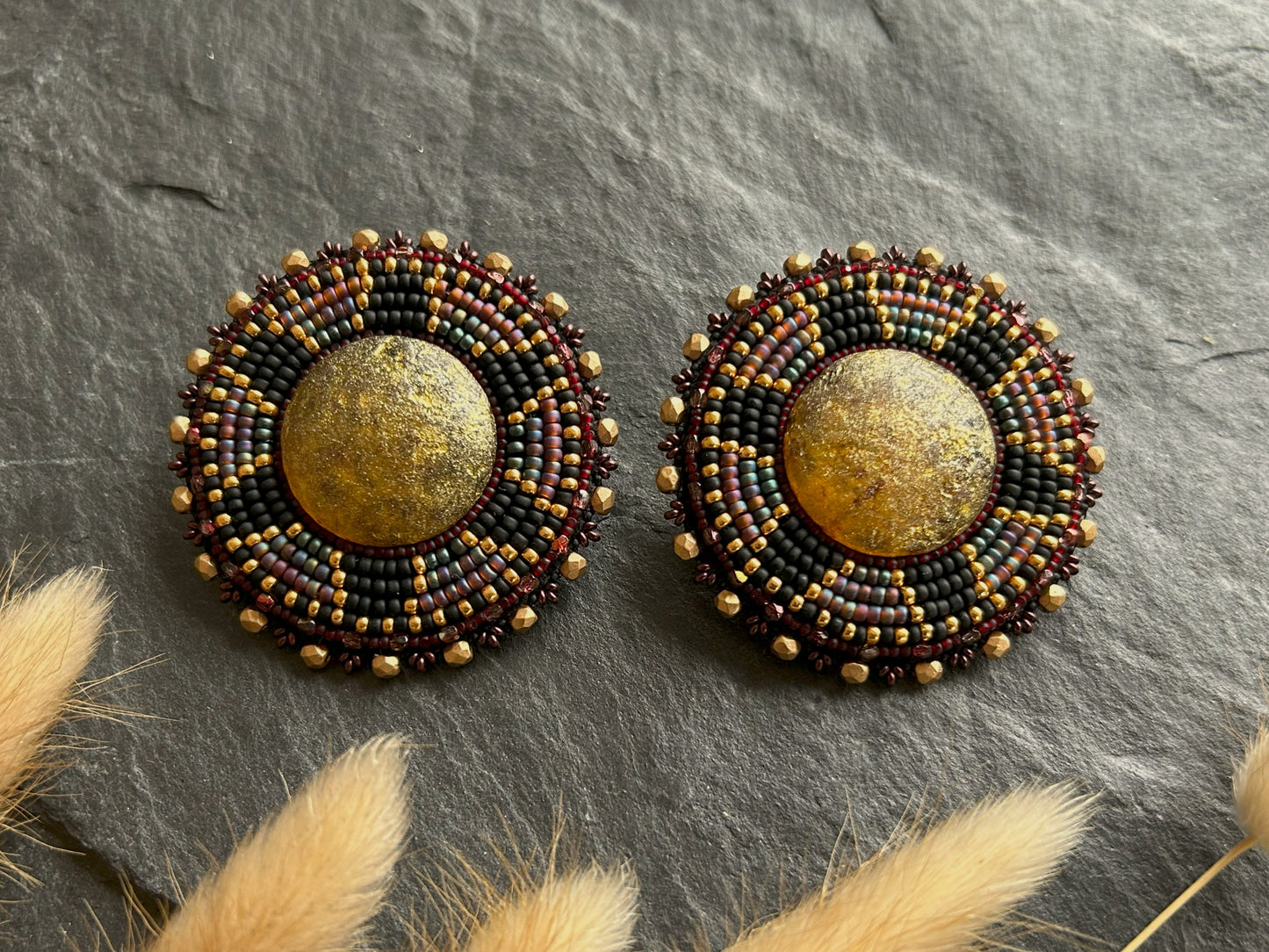 Disk earrings "Afonso" with etched glass - dark red
