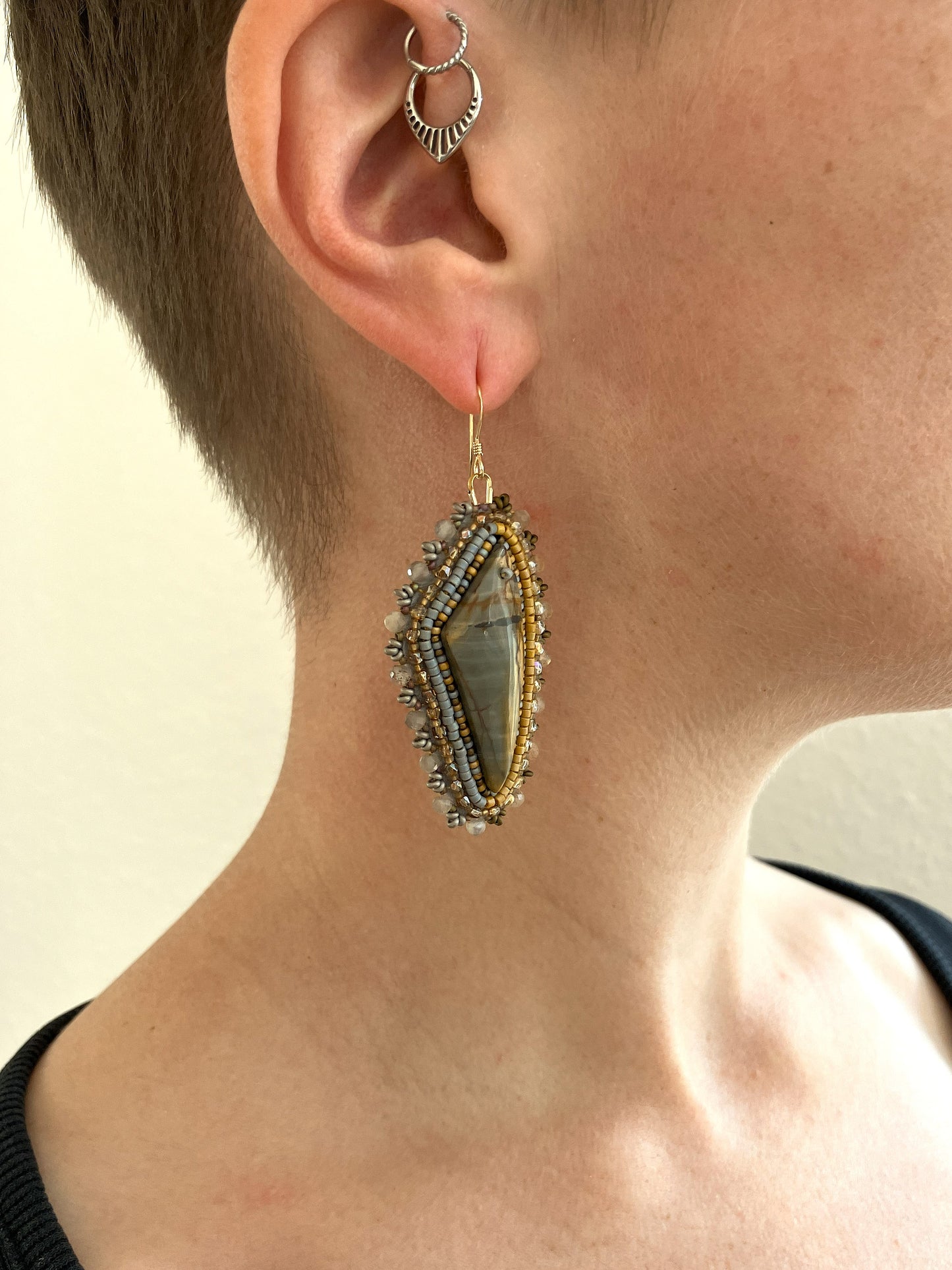 Dangle earrings "Raquel" with jasper - mustard yellow & light grey