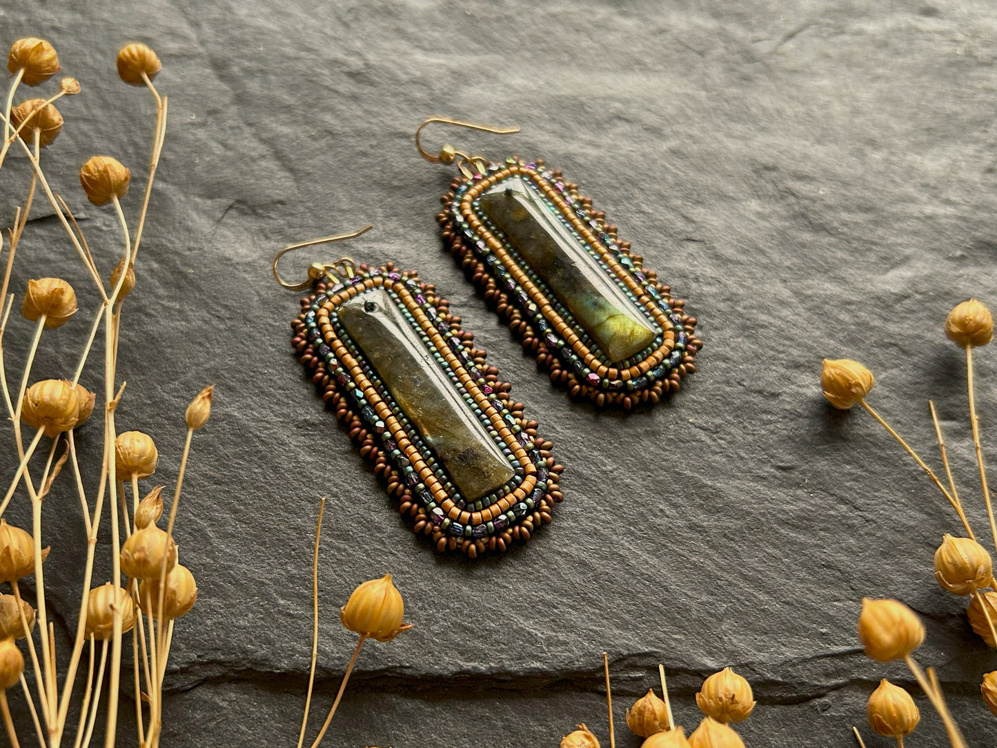 Dangle earrings "Raquel" with labradorite - bronze & violet