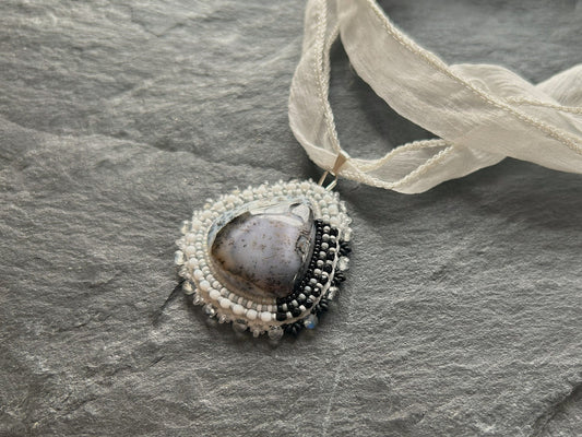 Dendritic opal necklace pendant with labradorite beads