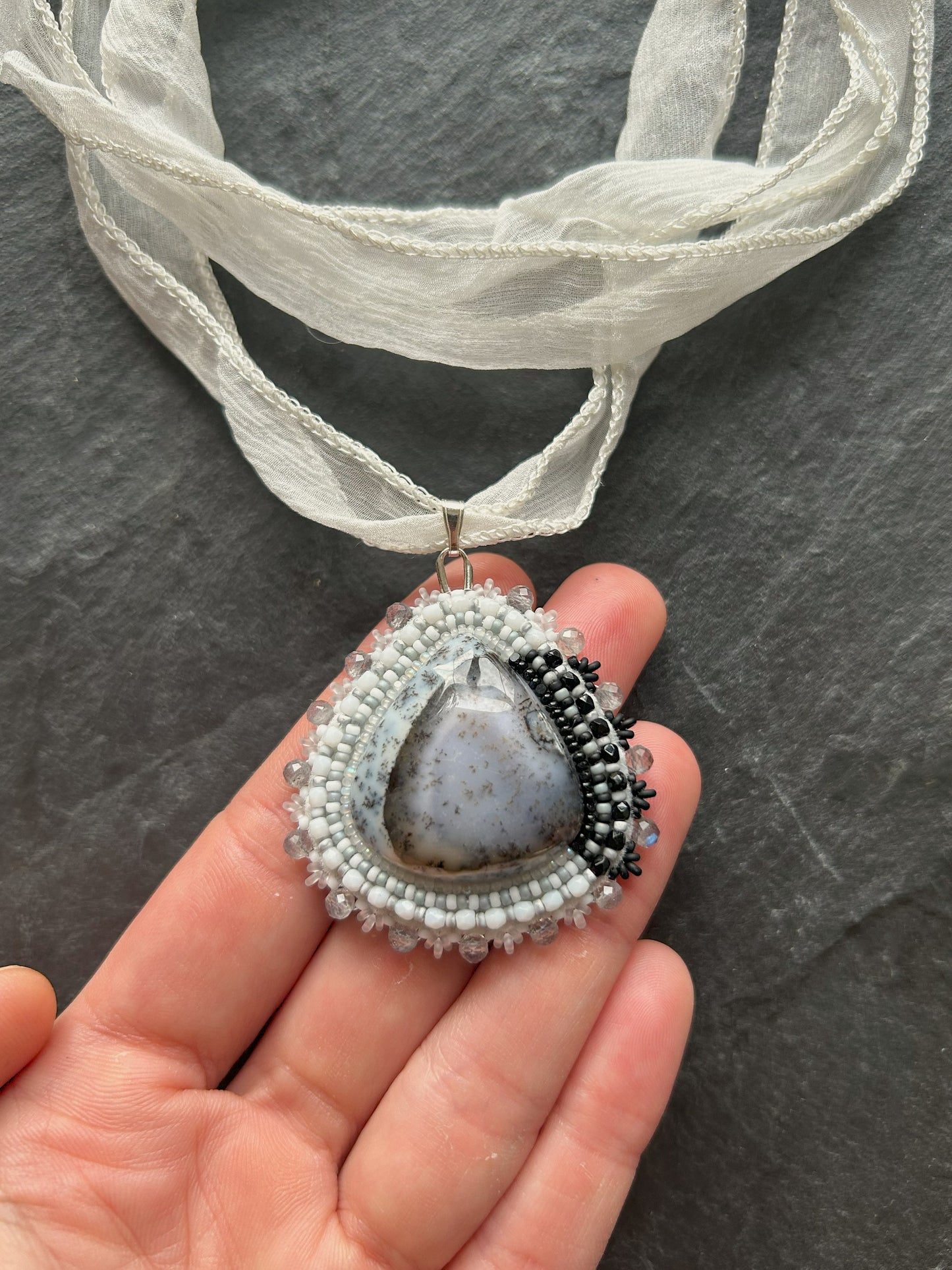 Dendritic opal necklace pendant with labradorite beads