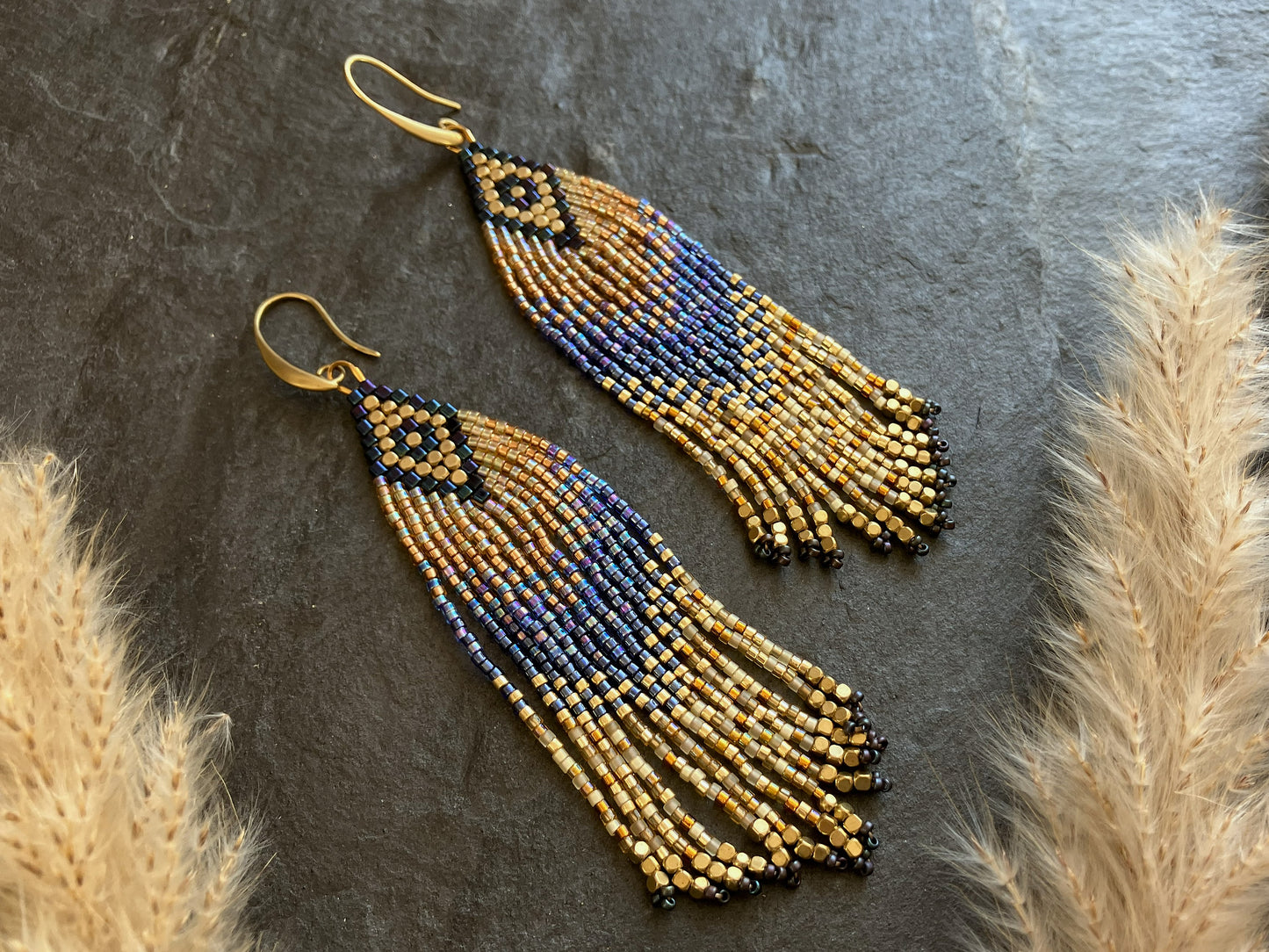 Fringe earrings "Luano" - deep blue & gold