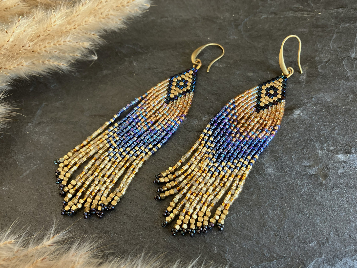 Fringe earrings "Luano" - deep blue & gold